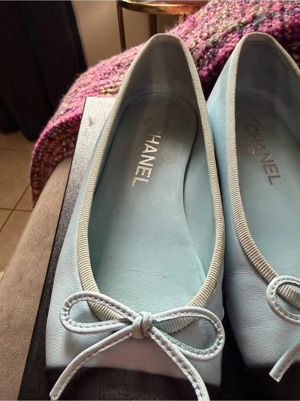 Chanel Two Tone Leather Ballet Flats Light Blue Black CC Bow Shoes 36.5